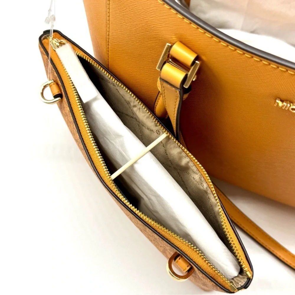 Michael Kors Charlotte LG Tote Bag 3 IN 1 Leather Tote Bag & Bifold Wallet Cider